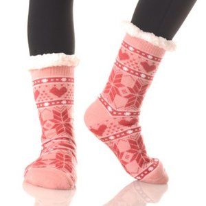 Pink Snowflake Heart Sherpa Lined Slipper Socks